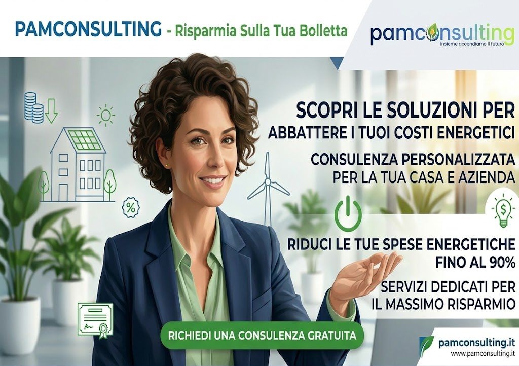 Banner Pamconsulting con donna sorridente in blazer blu e scritta «Riduci le tue spese energetiche fino al 90%